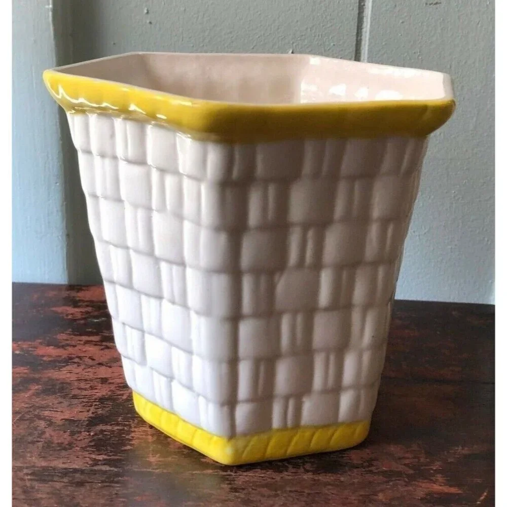 Vintage Planter California Pottery Maurice Ceramics Basketweave White Yellow